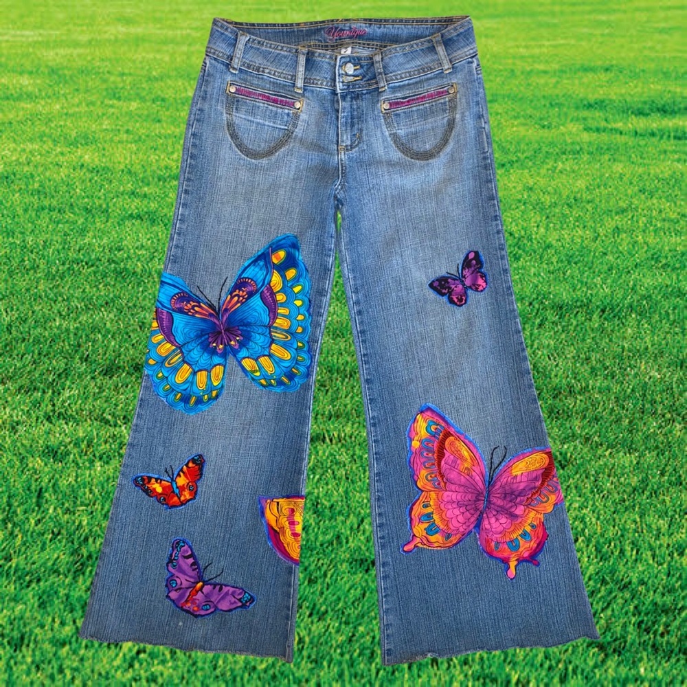 Younique Blue Denim Wide Leg Jeans with Vibrant Butterfly Prints - Authentic
